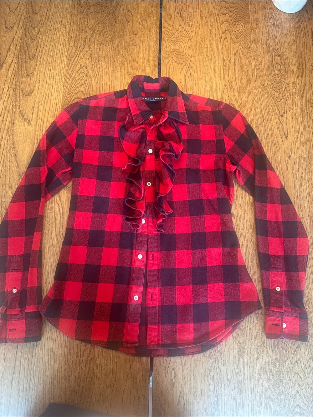 Ralph Lauren Red and Black Buffalo Plaid Ruffle Button-Down Shirt